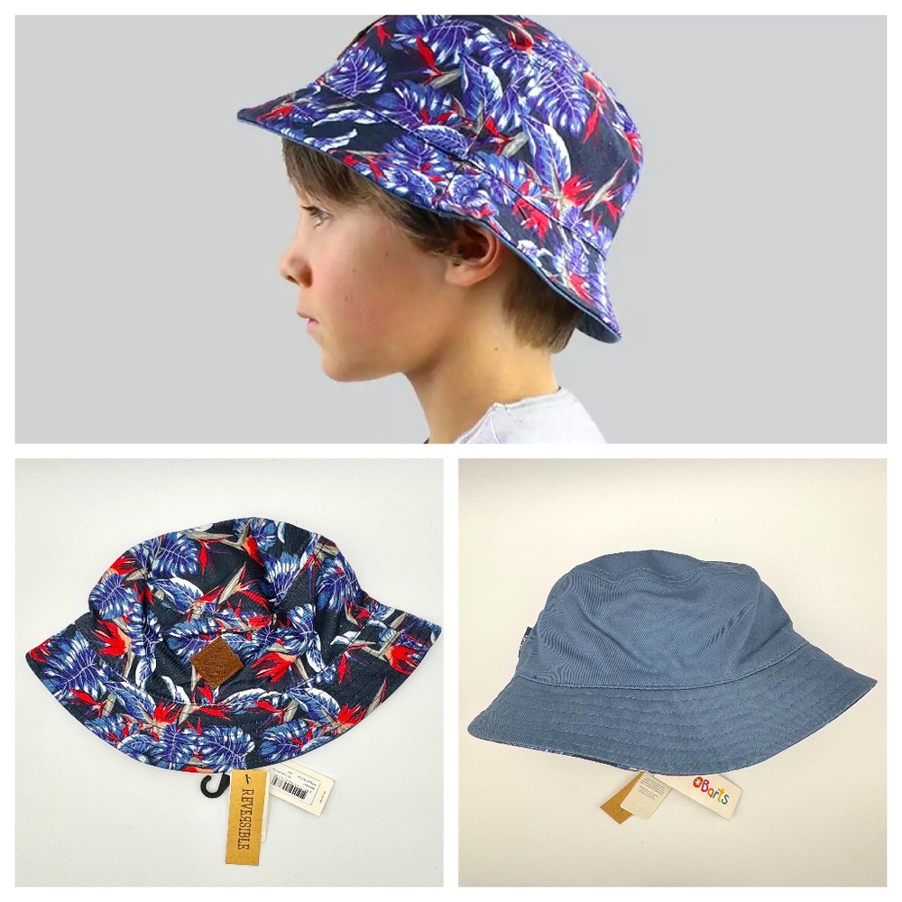NWT BARTS Antigua Reversible Bucket Hat Tropical Print/Blue Kids Sz 53 4 yrs+